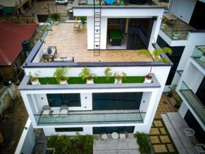 Aerial view of a luxurious rooftop terrace with plants in Dar es Salaam, Tanzania.